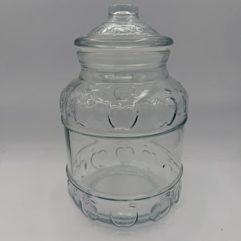 Vtg KIG Indonesia Clear Glass Cookie Jar Canister with Lid Embossed Apples